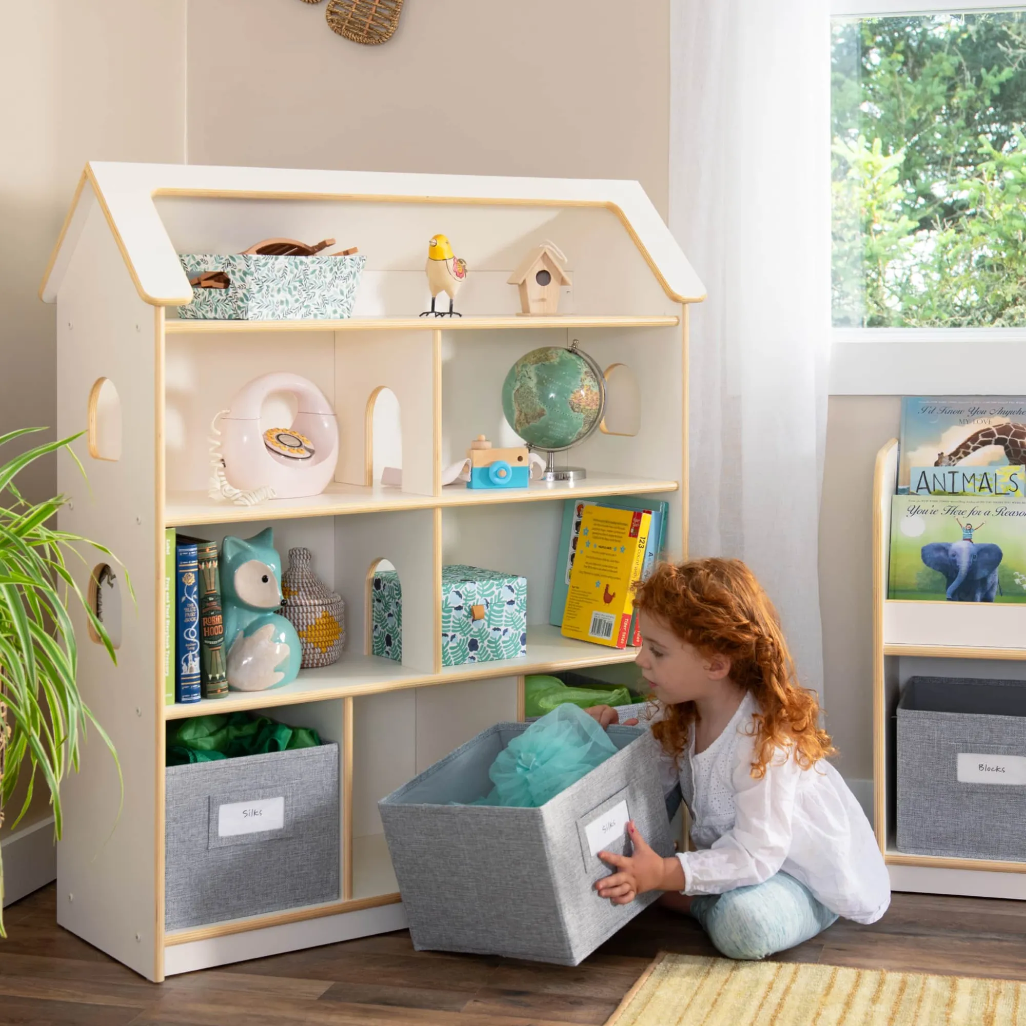 Guidecraft EdQ Dollhouse Bookcase with Bins*Kids Pretend Play|Toy Storage Organization