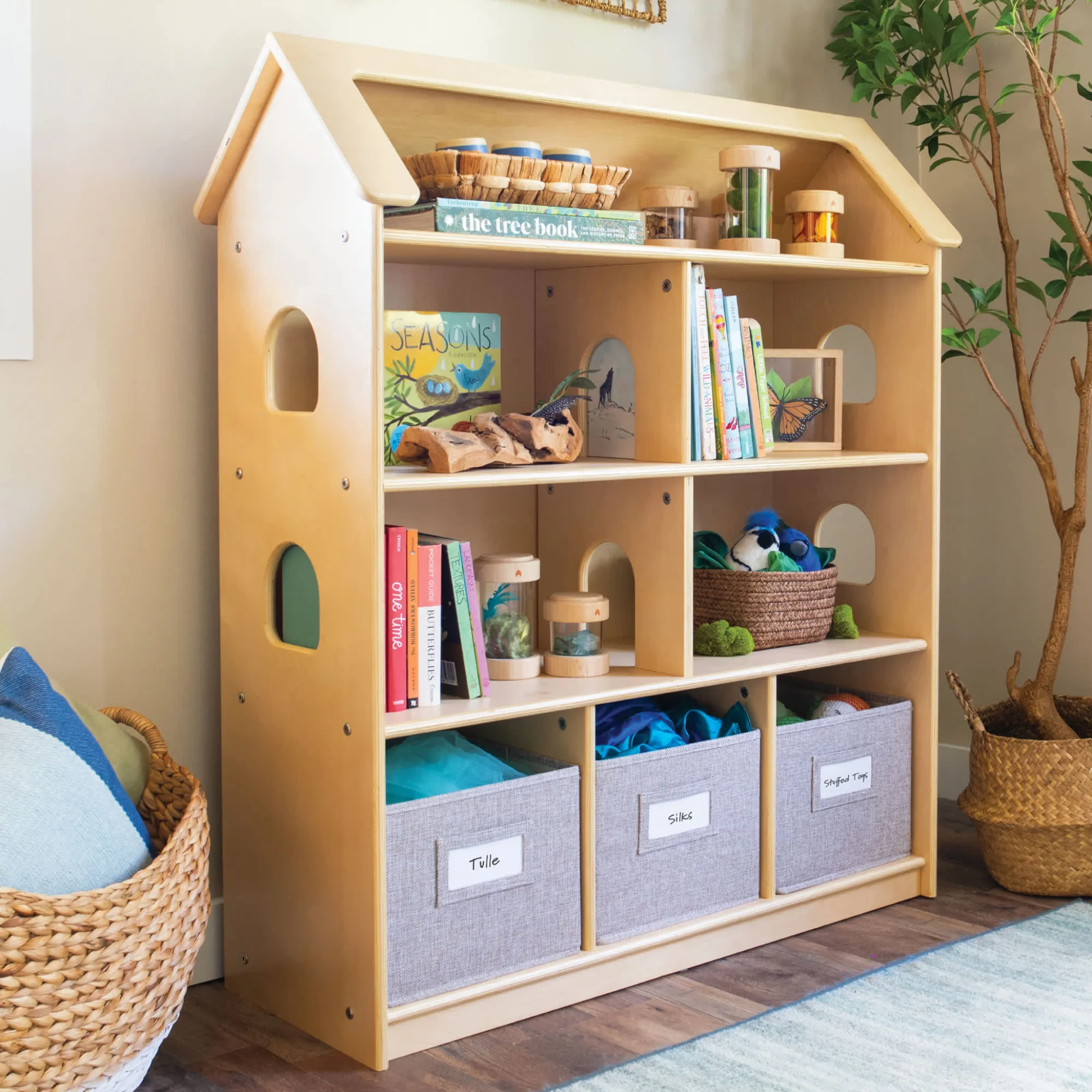 Guidecraft EdQ Dollhouse Bookcase with Bins*Kids Pretend Play|Toy Storage Organization