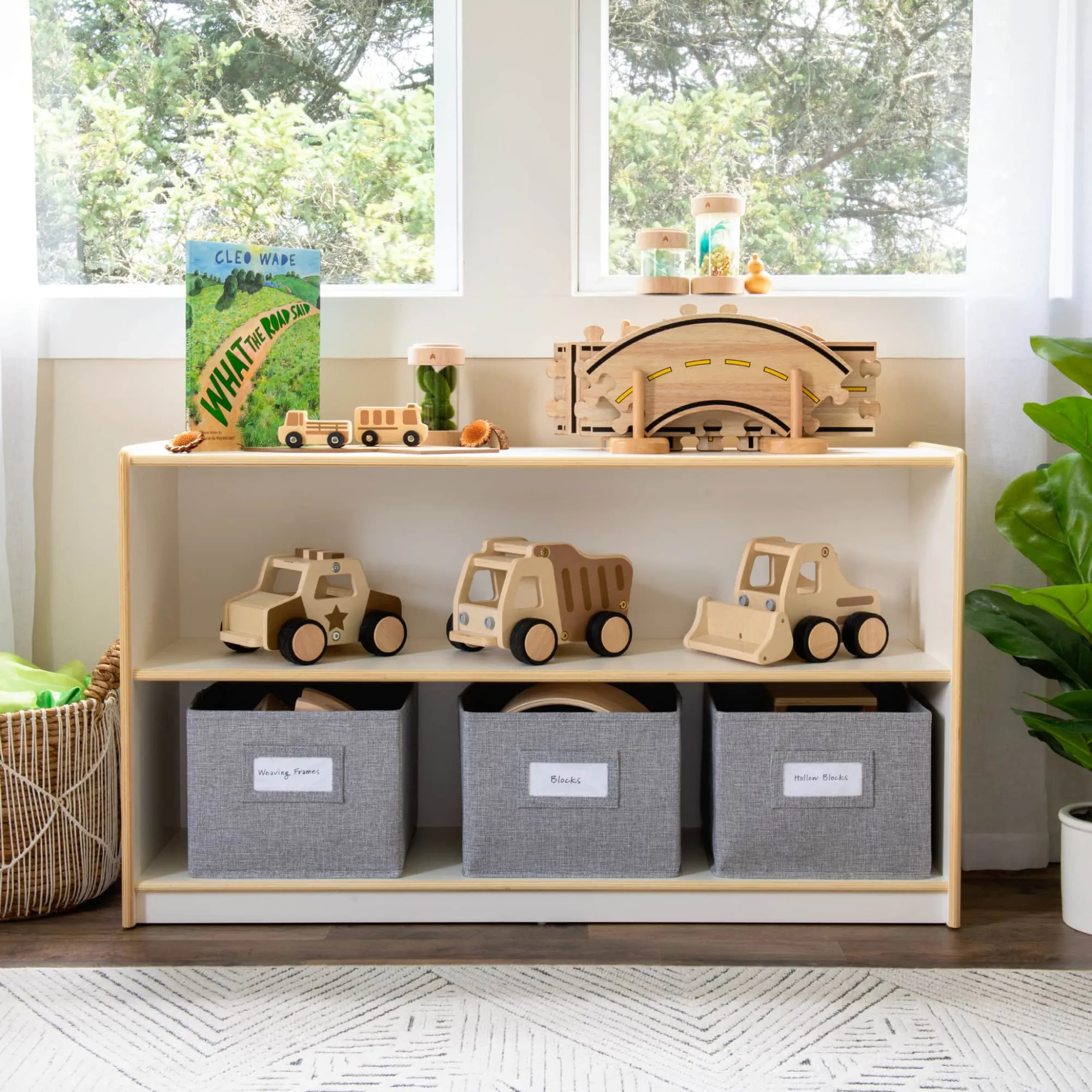 Guidecraft EdQ 2-Shelf Open Storage with Bins - 24"*Kids Classroom Furniture|Toy Storage Organization